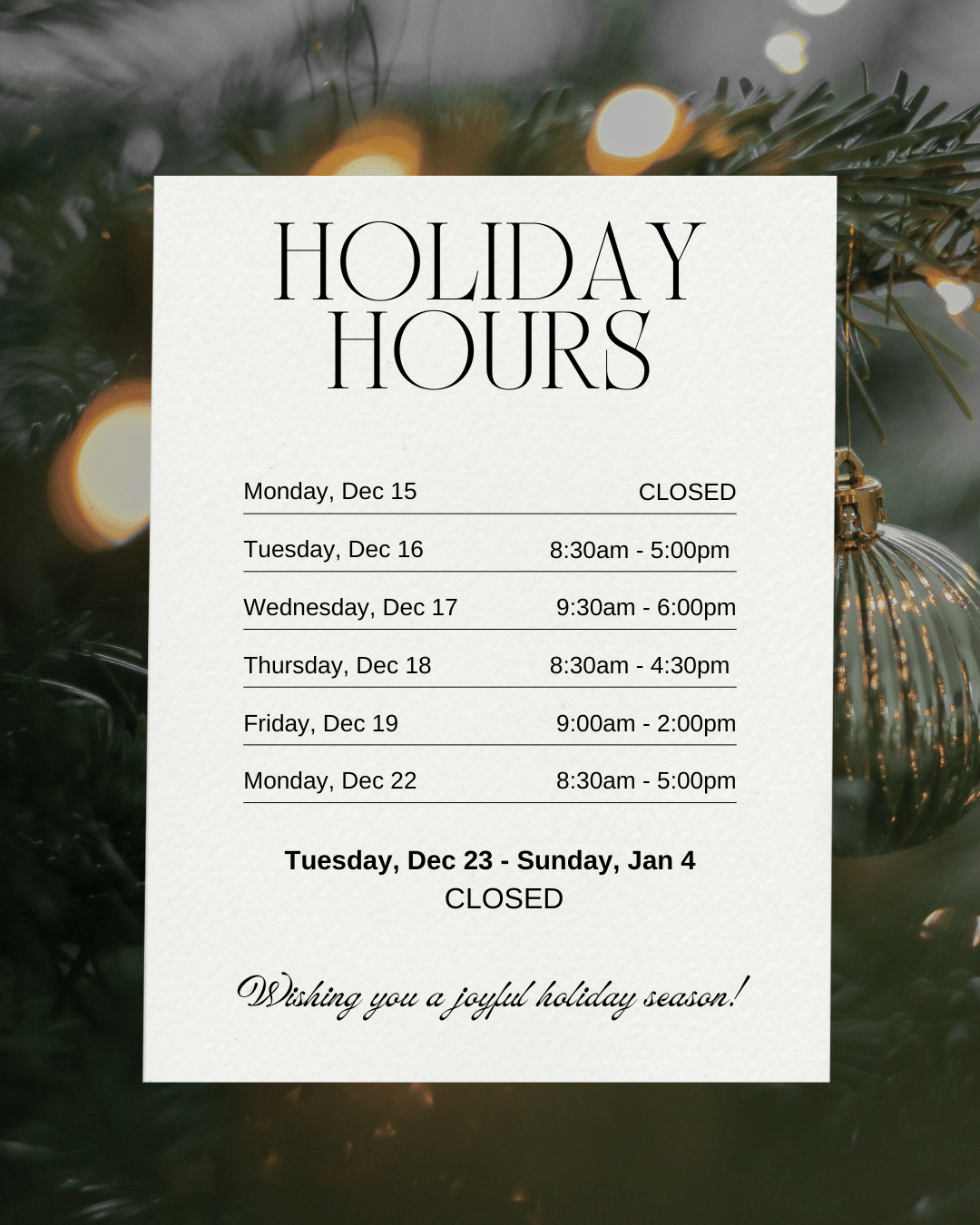 ARCC Holiday Hours